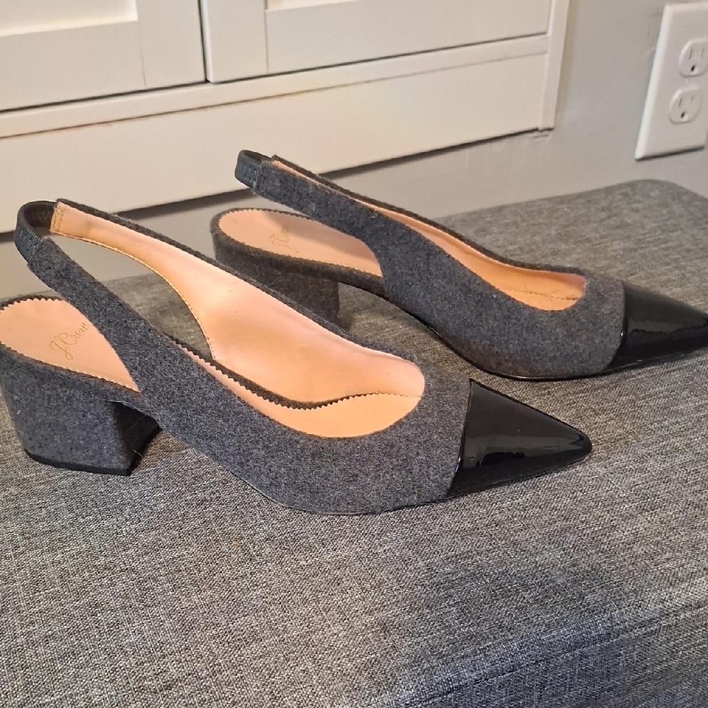 J. Crew Gray Wool Slingback Block‎ Heels with Black Patent Toe